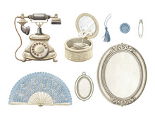 Set With Vintage Frame, Medallion, Fan, Pin, Music Box, Button And Telephone Isolated On White Background. Watercolor Hand Drawn Illustration Sketch