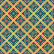 Seamless pattern with intertwined lines creating an abstract yellow-pink-black pattern on a blue background. Used for packaging, fabrics, backgrounds and other products.
