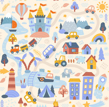 Travel Around World Play Mat For Children. Seamless Pattern With Houses, Rocket, Vehicles, Road, Train, Lighthouse And Plants. Design Element For Baby Play Carpet. Cartoon Flat Vector Illustration