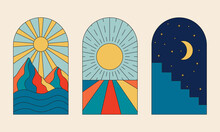 Vector Set Of 70s Psychedelic Arched Windows With A View. Retro Groovy Graphic Elements With Abstract Nature Landscapes. Vintage Boho Illustrations Of Sun, Mountains, Night Sky