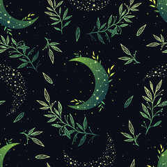 Wall Mural - Dark celestial seamless pattern. Boho magic background with  space elements stars, crescent, constellations and herbs. Vector doodle texture.