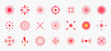 Red Pain Circles. Pain Localization Sign And Pain Pointings. Circles For Marking Human Pain. Set Of Radar Icons. Headache, Toothache, Marker Of An Injured Body Part, Muscle Pain In Joints. Vector