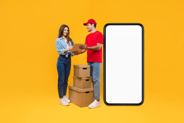 Courier And Woman Near Cellphone Screen Signing Papers, Yellow Background