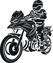 Vector Silhouette Of Road Biker. Black And White Isolate Hand Drawn Motorcycle. BMW GS Motorcycle Illustration For Web, Print Design.  Poster, T-shirt, Site, Blog Usage. Extreme Lovers Club.