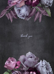 Wall Mural - Floral card with copy space. Vintage purple roses on dark textured grange background. Bouquet of garden flowers.
