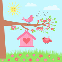 Meadow With Tree, Flowers, Birdhouse And Birds. Springtime. Cartoon Sun Is Shining. Birds Are Flying And Singing.