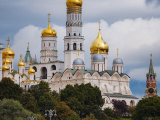 Wall Mural - travel to moscow, russia, main tourist attractions. Grand Kremlin palace. Church Of The Kremlin. Kremlin embankment. river Moscow. Popular tourist attraction. Business card of Moscow.