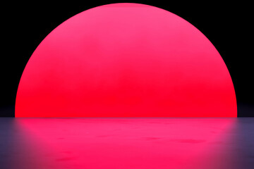 Red neon sun. Sunset abstract sun. 3D illustration. Crimson scarlet sun art.