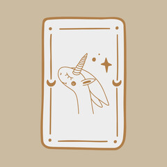 Mystical tarot card. Occult esoteric vintage tarot card with unicorn. Witch fortune telling template theme. Vector illustration.