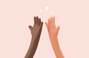 High five 3d cartoon hands vector illustration. Multiethnic friendship. Peace no war multi ethnic hands relationship