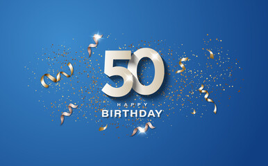 50th birthday with white numbers on a blue background. Happy birthday banner concept event decoration. Illustration stock