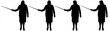 © Yurii - Teacher, mentor, coach, presentation, demonstration, explanation, clarification, performance. A woman with a pointer in her hands. Front view. Female black silhouettes isolated on white background.