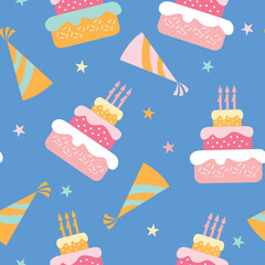 Festive seamless pattern with cake, caps for birthday, anniversaries and celebrations. Vector image.