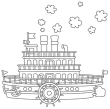 Funny Retro Paddle Passenger Steamboat With Large Wheels Attached To Its Sides, Vector Cartoon Illustration Isolated On A White Background