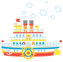 Funny Retro Paddle Passenger Steamboat With Large Wheels Attached To Its Sides, Vector Cartoon Illustration Isolated On A White Background