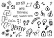 Info business hand painted doodles, icons. Watch, light bulb, clock, ask, lock, paper, lines.