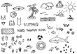 Summer hand painted doodles, icons. Swim suits, beach, bathing suit, sun umbrella, shark, fish, crab, glass, palm.