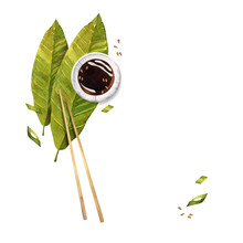Watercolor Food Illustration. Composition Of Two Green Banana Leaves And Soy Sauce With Sesame Seeds And Chopsticks And Green Onion Feathers. Isolated White Background. Asian Cuisine.