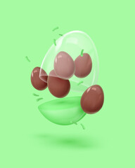 Realistic green open glossy egg with glass dome, five mini chocolate eggs, creative box, case. Happy Easter poster. Vector illustration for card, party, design, flyer, banner, web, advertising.