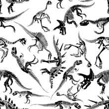 Seamless Pattern Of Dinosaur Skeletons In Isolate On A White Background. Vector Illustration.