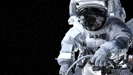 Wall Mural - Astronaut spaceman do spacewalk while working for spaceflight mission at space station . Astronaut wear full spacesuit for operation . Elements of this image furnished by NASA space astronaut photos .