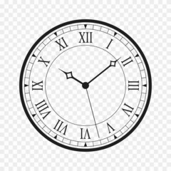 vintage clock with roman numerals isolated on white background. black antique clock with arrows and 