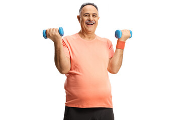 Poster - Happy mature man exercising with dumbbells and smiling