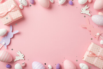 top view photo of easter decorations gift boxes sequins easter bunnies pink purple and white easter 