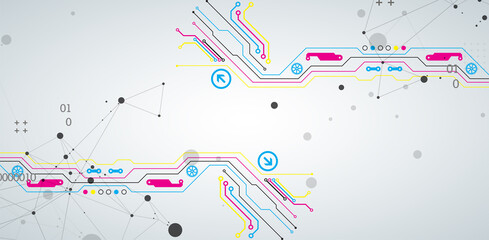 Abstract background on technological and scientific topics. Various techno details with using digital code. Vector format.