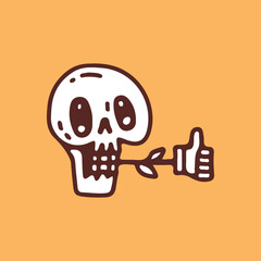 Wall Mural - Skull head biting thumb up symbol, illustration for t-shirt, sticker, or apparel merchandise. With retro cartoon style.