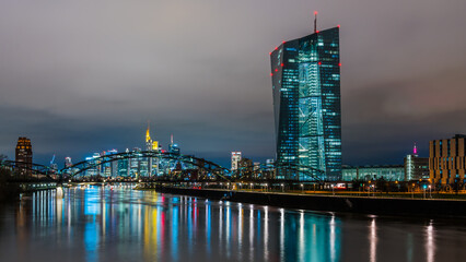Canvas Print - European Central Bank, ECB, at night in front of the illuminated skyline, Frankfurt am Main, Hesse, Germany
