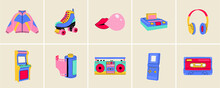 Classic 80s-90s Elements In Modern Style Flat, Line Style. Hand Drawn Vector Illustration: Jacket, Cube, Lips, Headphones, Roller Skate, Cassette, Recorder, Camera Roll. Fashion Patch, Badge, Emblem.