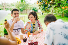 Cheerful Friends Drinking Champagne During Picnic