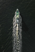 Drone View Of Sailing Motor Boat