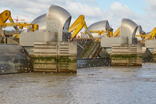 London Thames River High Tide Flood Barrier Raised