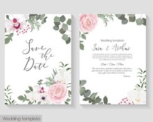 Vector Floral Template For Wedding Invitations. Pink Roses, White Orchids, Berries, Gypsophila, Eucalyptus, Green Plants And Flowers. Postcard For Your Text.