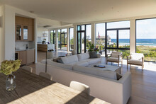 Ocean View Of Living Room In Luxury Waterfront Home