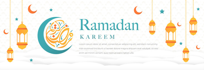 Wall Mural - Ramadan Kareem horizontal banner background arabic pattern paper style beautiful islamic festival poster use for iftar party and eid mubarak celebration