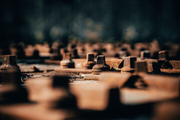 A closeup of old rusty screws