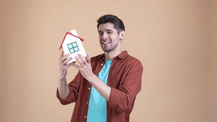 Sticker - Cheerful guy win jackpot building fist up isolated pastel color background