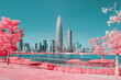 © Heng Yu/Stocksy - Infrared photography of plants with cityscape by sea