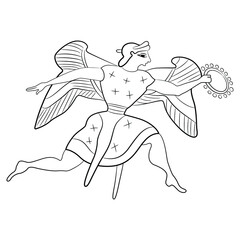 Running winged ancient Greek goddess Nike or Victory holding laurel wreath. Black and white linear silhouette. Vase painting style. 