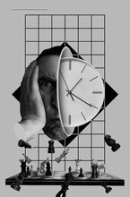 Collage With Chess And Head Of A Man With Clock Inside