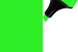 Bright electric fluorescent neon green felt tip pen marker highlighter painting large horizontal UFO background, isolated vertical blank empty copy space macro closeup