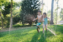 Young Siblings Playing In A Sprinkler