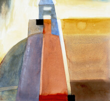 An Abstracted Painting Of A Landscape With A Tower. 