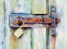 A Watercolour Painting Of A Rusty Bolt On A Barn Door.