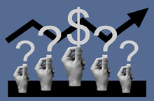 Group Of Hands Holding Dollar Sign And  Question Marks