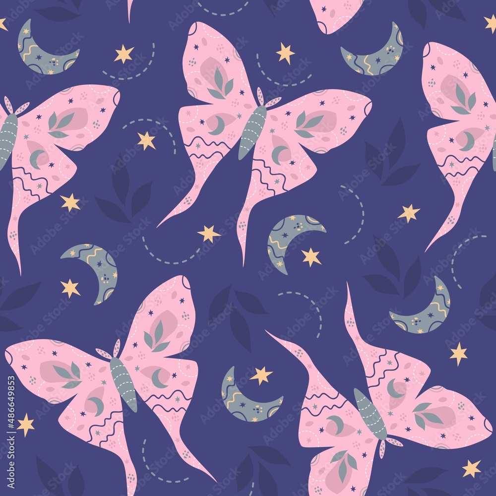 Seamless pattern with moths and leaves. Heavenly background with ...