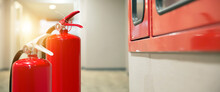 Fire Extinguisher, Close-up Red Fire Extinguishers Tank In The Building Concepts Of Fire Equipment For Protection And Prevent For Emergency And Safety Rescue And Alarm System Training.